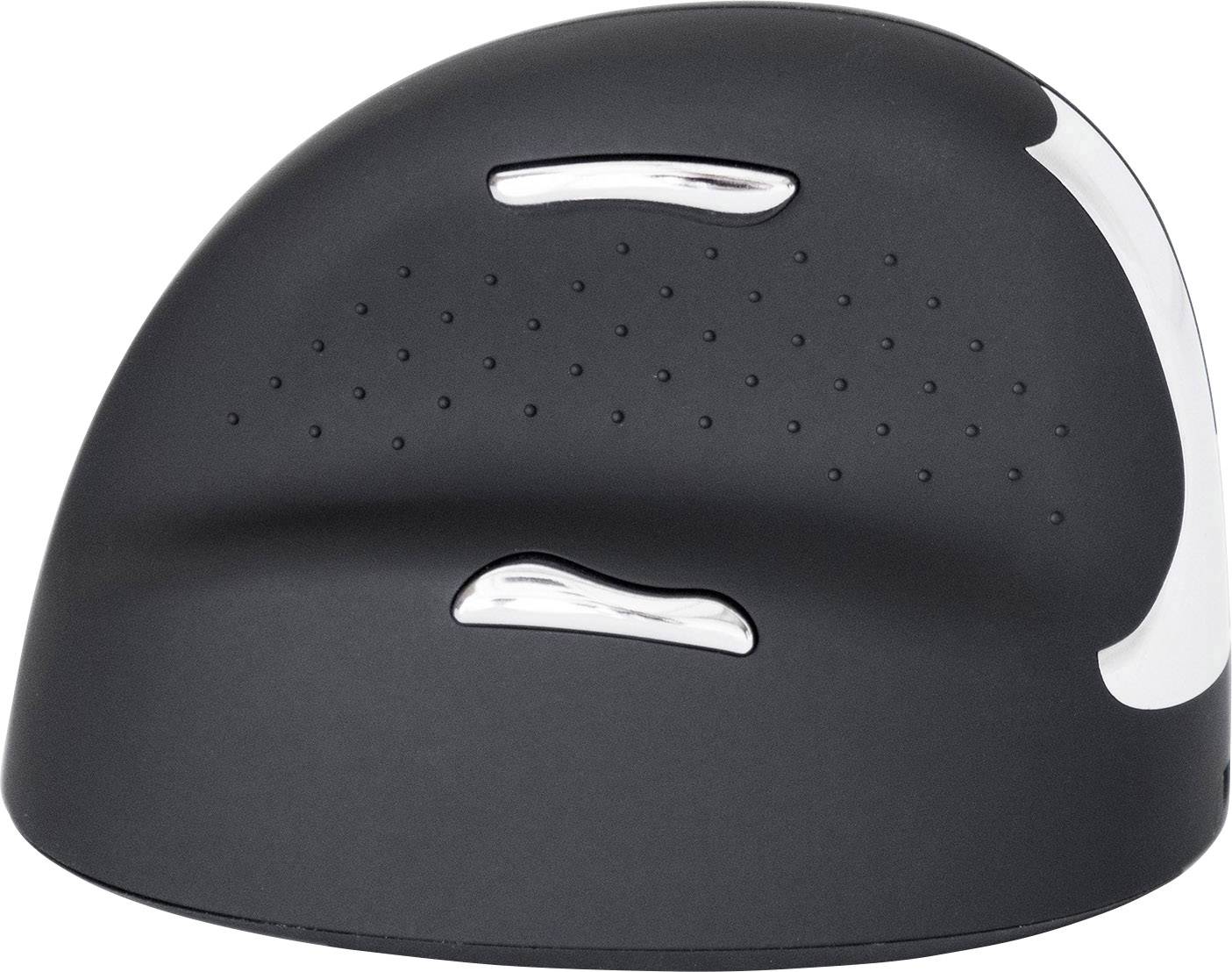 Black, ergonomic computer mouse with silver buttons, designed for vertical hand positioning to reduce wrist strain.