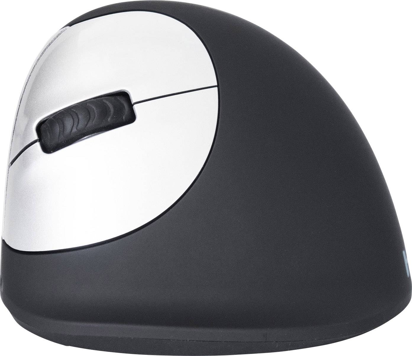 Ergonomic vertical computer mouse in black and silver, enabling comfortable working with reduced hand strain.