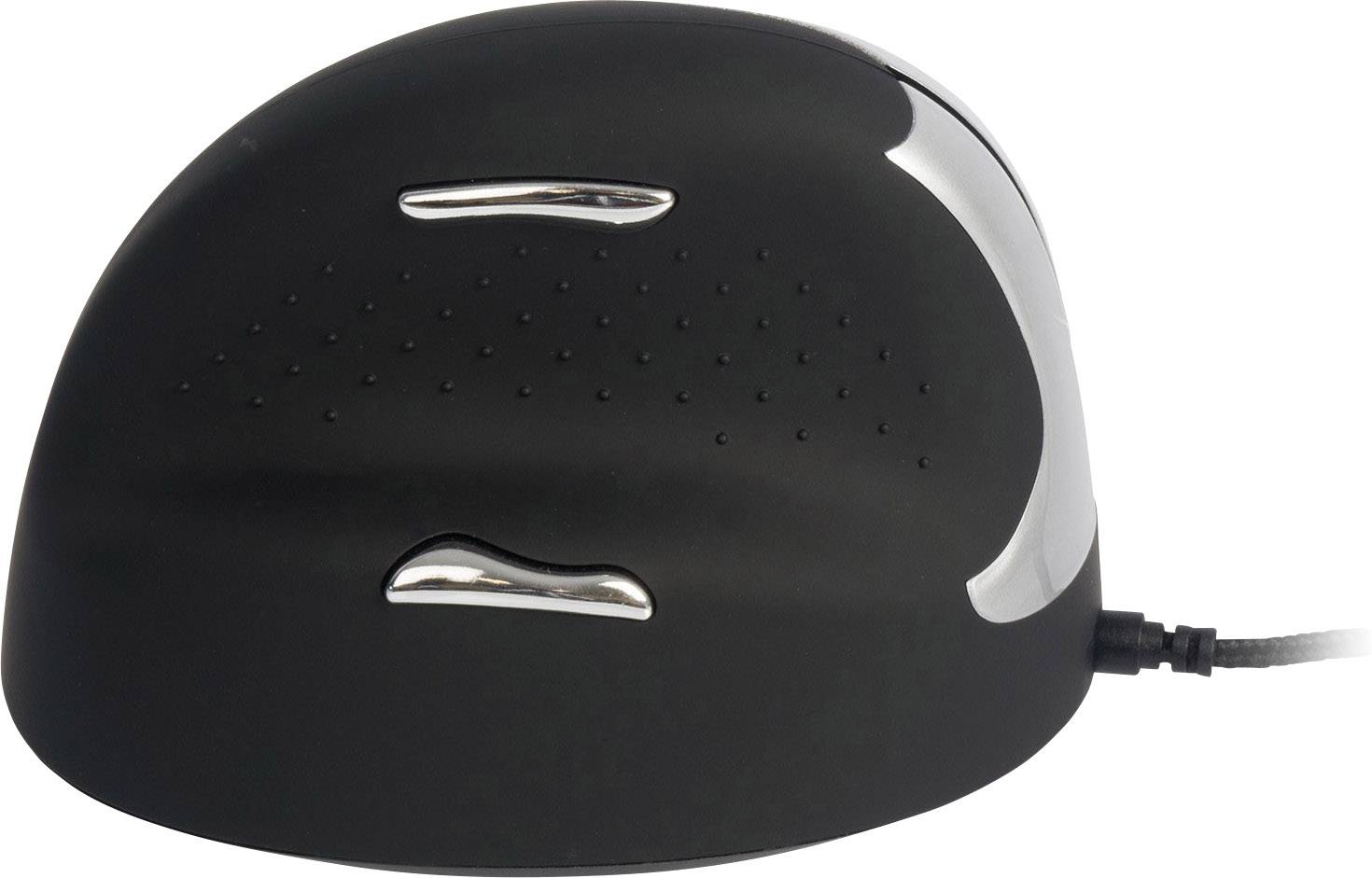 An ergonomic black computer mouse with silver-coloured buttons on the side and a connecting cable, designed to reduce wrist strain.