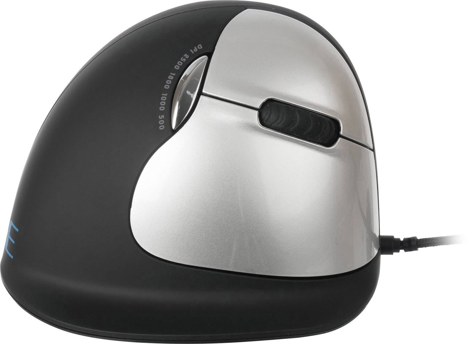 Ergonomic computer mouse, black casing with silver surface, vertical design, wired connection.