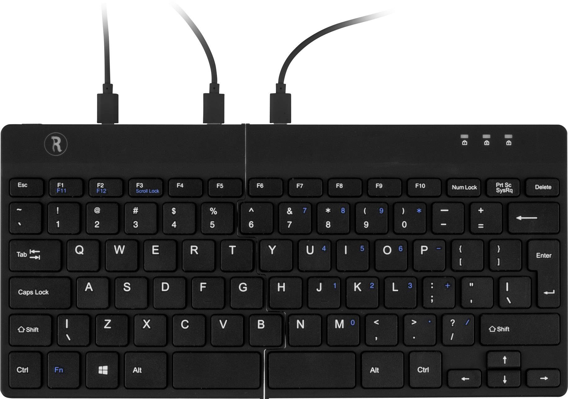 A black, split keyboard with cables, function keys F1 to F12 along the top and labels on the keys. Perfect for ergonomic typing.
