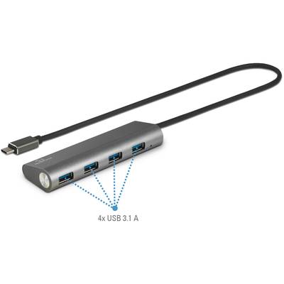 USB hub with four USB 3.1 ports and a USB-C cable, suitable for connecting multiple devices to a computer.