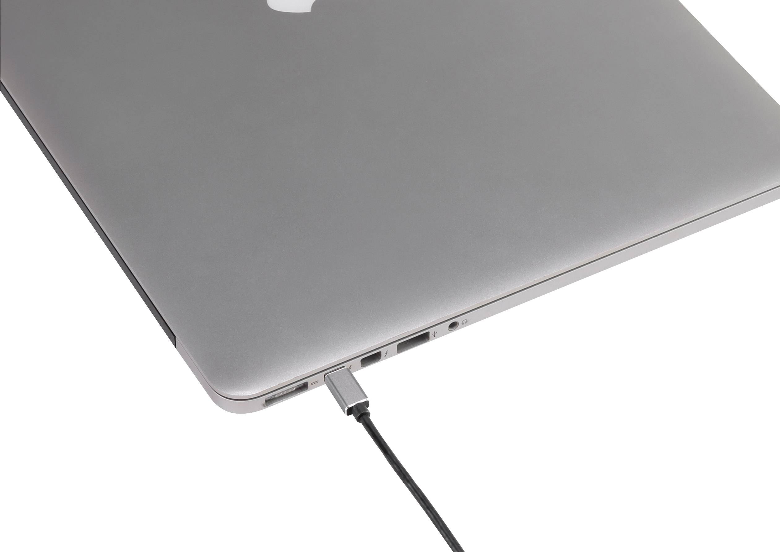 Laptop viewed from above with power cable connected to the USB-C port on the left-hand side.