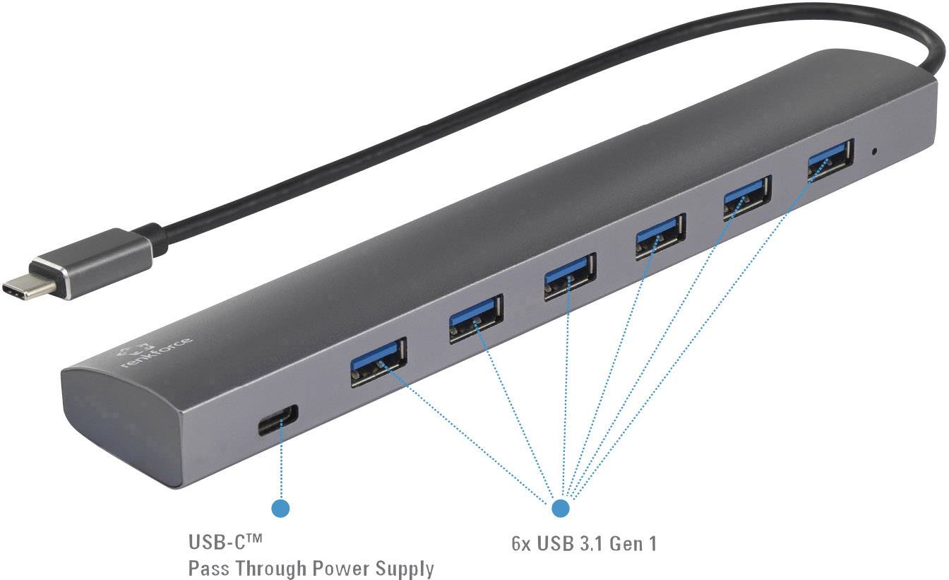 Renkforce 6+1 ports USB 3.1 hub (1st Gen) + Pass Through current feed, Aluminium casing Silver