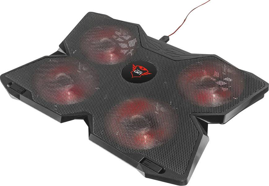 A black laptop cooling pad with four red-illuminated fans and a red dragon emblem in the centre.