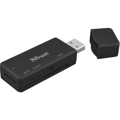 A black USB card reader from 'Trust' with a removable cap, suitable for various memory card formats.