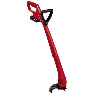 Red, cordless lawn trimmer with a black handle and battery on top, suitable for garden maintenance.