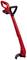 Red, cordless lawn trimmer with a black handle and battery on top, suitable for garden maintenance.