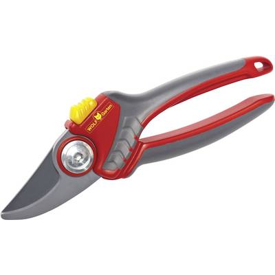Red and grey garden shears with a yellow button and 'WOLF-Garten' label. Ideal for cutting plants and branches.