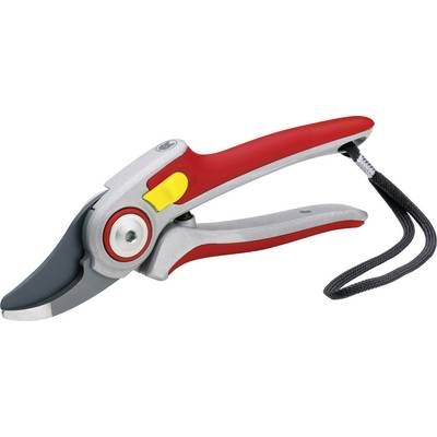 Red and grey garden secateurs with safety lock and hand strap.