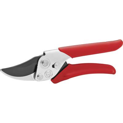 A silver garden secateurs with red handles lies on a white background. It is partially open, with the blade area in black.