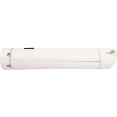 A white, cylindrical pen with a black button at the top and a loop for hanging.