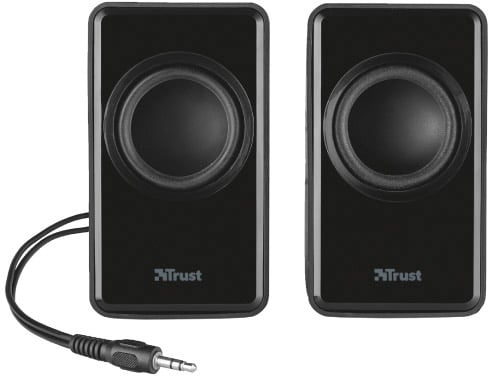 Black speakers from Trust with a round design, connected by a cable with a 3.5mm jack plug.