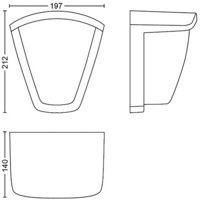 Technical drawing of a container with dimensions: Width 197 mm, Height 212 mm, Depth 140 mm. Front, side and bottom view.