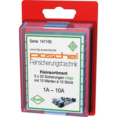 A red plastic packaging with the print 'püschel Fine Fuse Technology'. Contains 5x20mm slow-blow fuses, ratings 1A to 10A.