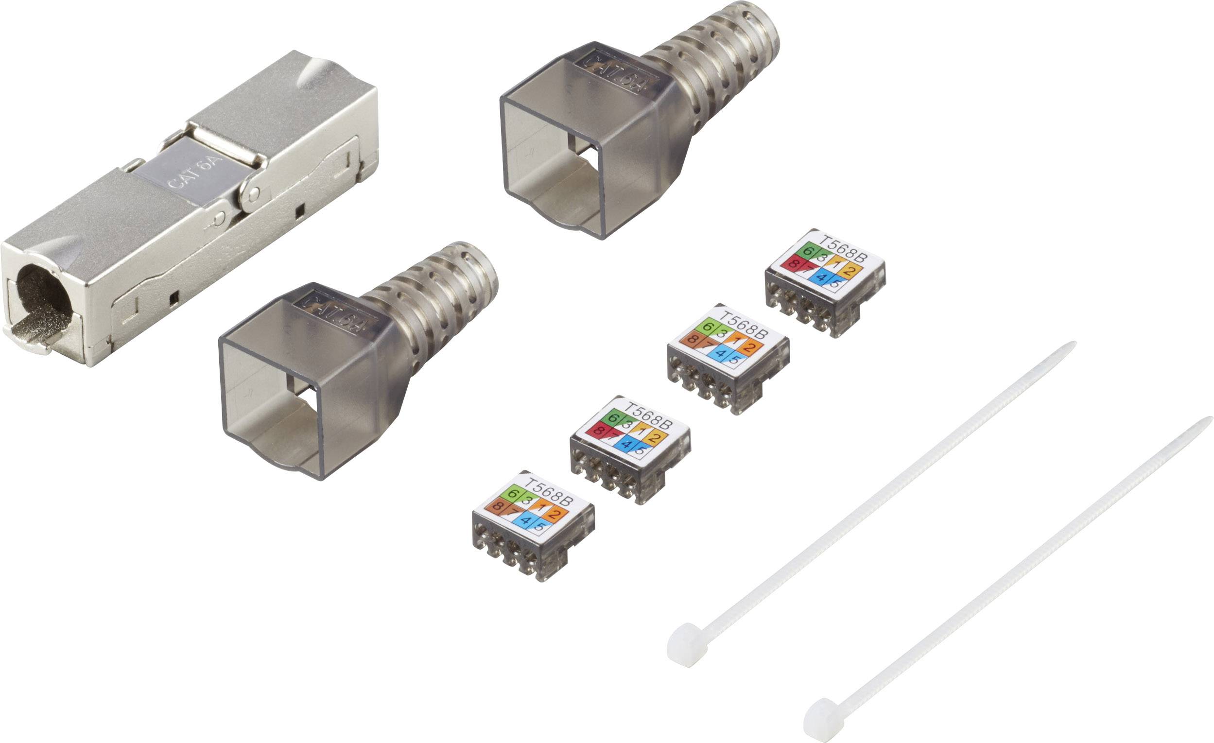 Set of network plugs and accessories, including two metal plugs, three colour-coded modules, and two cable ties.