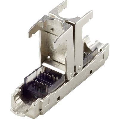 An RJ45 connector housing, opened, with visible metal clips and plastic components, suitable for connecting network cables.