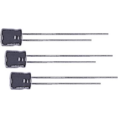 Three electrolytic capacitors arranged horizontally, each with two long connecting wires, on a white background.