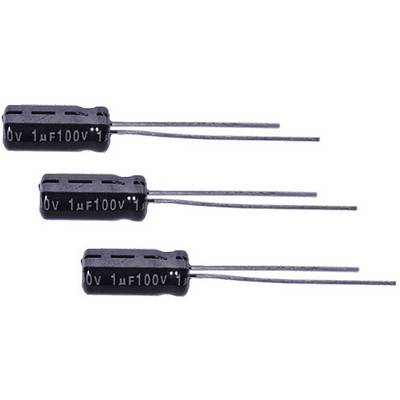 Three electrolytic capacitors in different sizes, each labelled '1µF 100V', arranged from top to bottom.