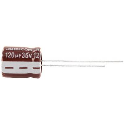 A brown electrolytic capacitor marked '120 µF 35V', with two wire terminals on the right side.