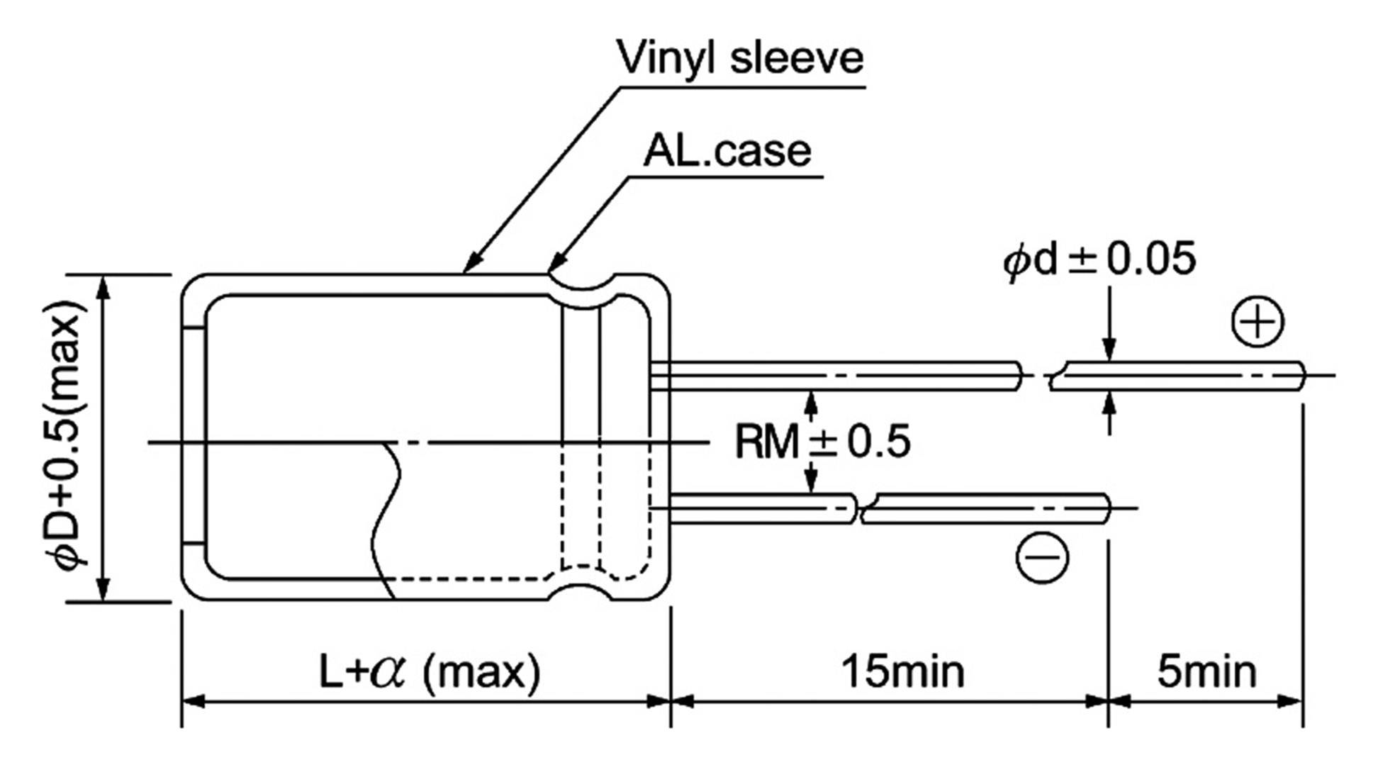 'Schematic of an aluminium capacitor with vinyl coating, showing details such as length, diameter, wire spacing, and tolerances.'