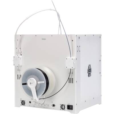 A 3D printer with a reel of filament at the rear. The printer is rectangular and housed in a light-coloured enclosure.