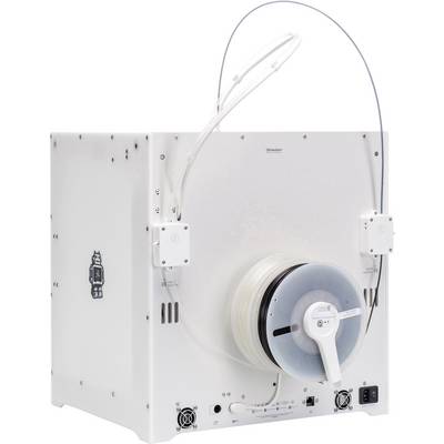 3D printer with filament-loaded spool. Two tubes lead from the printer to the filament sources. Top-down view of the rear.