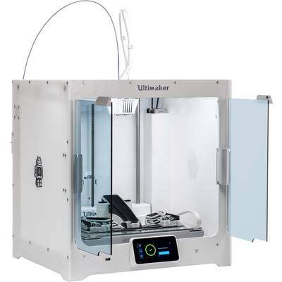 A 3D printer with open doors shows an ongoing print job. The display shows controls and information about the print status.