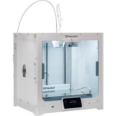 An Ultimaker 3D printer, with a white housing and glass windows, sits on a flat surface, ready to print.