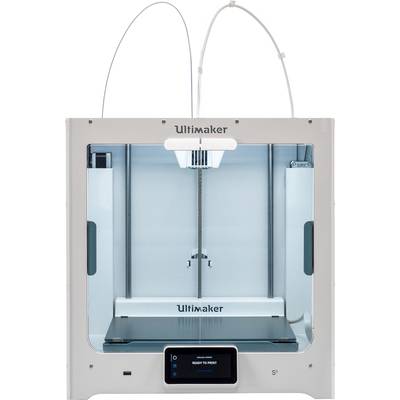 A modern 3D printer with two cables on top, ready to print. Unlit printing surface against a blue background lighting.