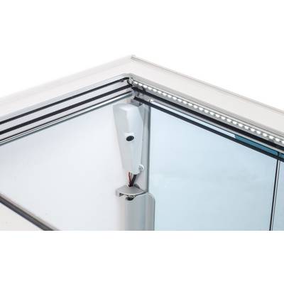 A modern refrigerator with LED interior lighting and glass interior fittings, ideal for product display.
