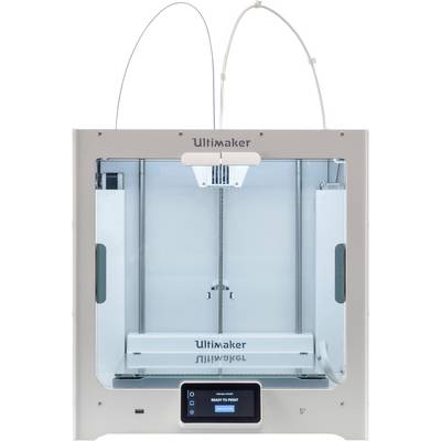 A 3D printer with a rectangular enclosure and two filament inputs on top. The screen displays 'Ready to Print'.