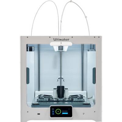 'Ultimaker 3D Printer' viewed from the front. Shows a modern, open print chamber with a digital display at the bottom for control and status indication.