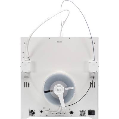 Rear view of a scientific instrument with cables and connectors; central operational wheel and brand name visible at the top.