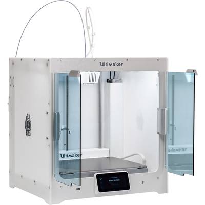 A white Ultimaker 3D printer with open glass doors, suitable for printing prototypes and complex models.