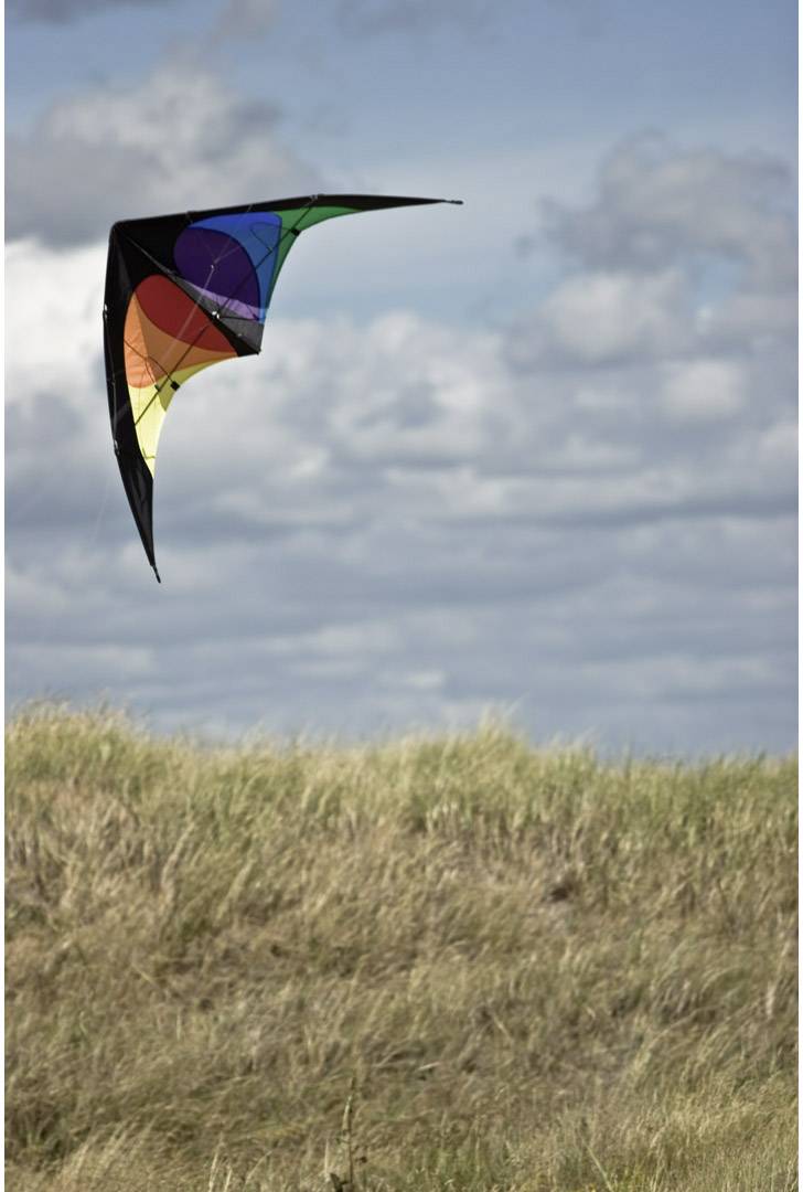 A colourful kite flies over a grass-covered dune against a cloudy sky.
