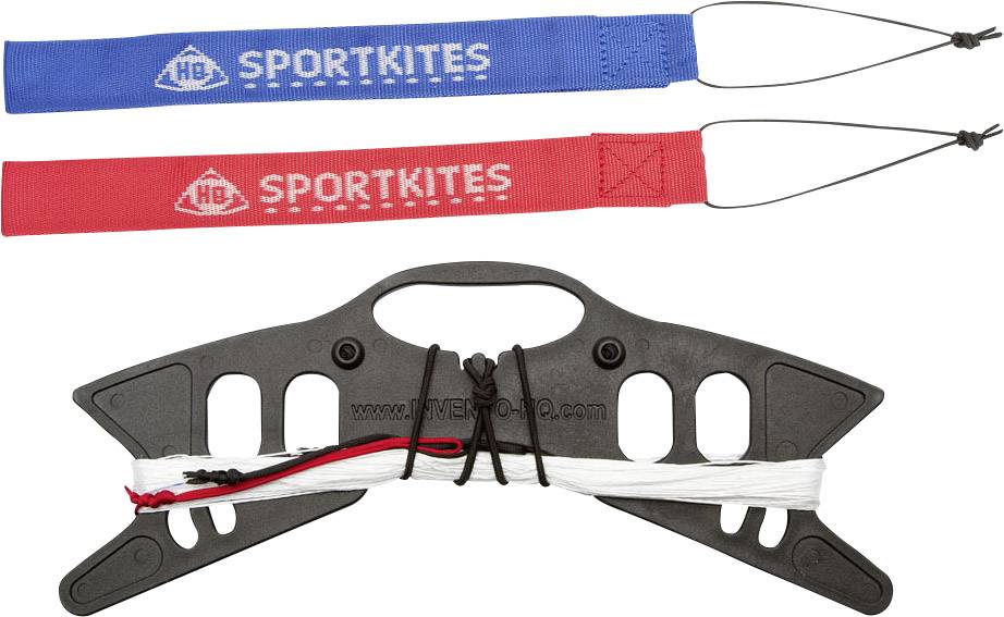 Dragon control handles in red and blue with the inscription 'SPORTKITES' and a winding device with strings, used for steering sport kites.