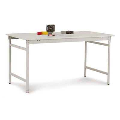 A simple white table with a metal frame, with some tools and electronic components lying on it.