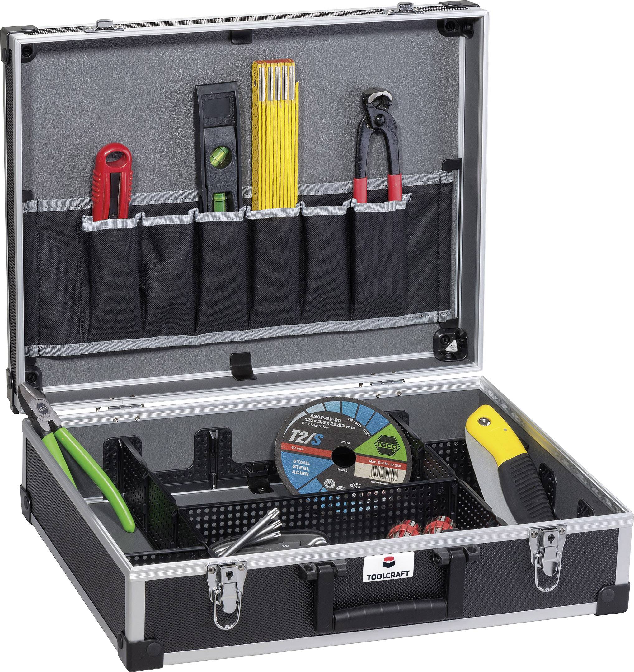 An open tool case with compartmentalised inserts, containing pliers, cutting knives, ruler, screwdrivers and grinding disc.