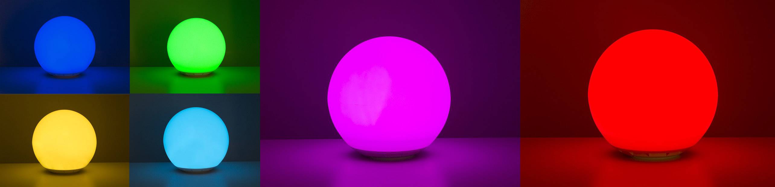 Six spherical lamps in different colours: Blue, Green, Yellow, Cyan, Pink and Red, in an otherwise dark room.