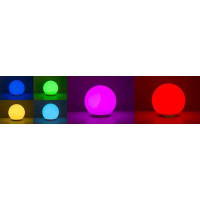 Six spherical lamps in different colours: Blue, Green, Yellow, Cyan, Pink and Red, in an otherwise dark room.
