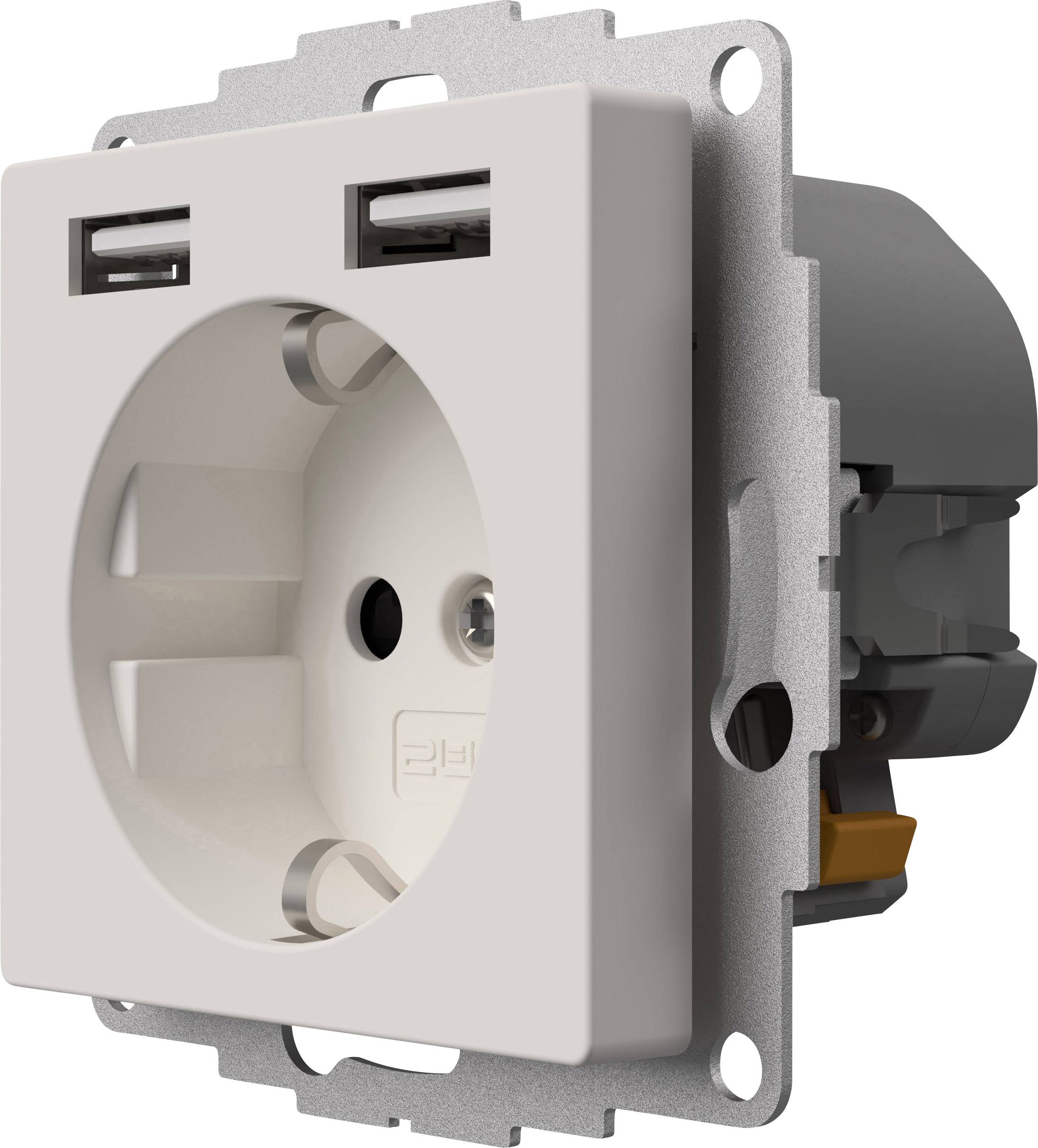 White socket with two USB ports, frontally integrated into a metal mounting, side view.
