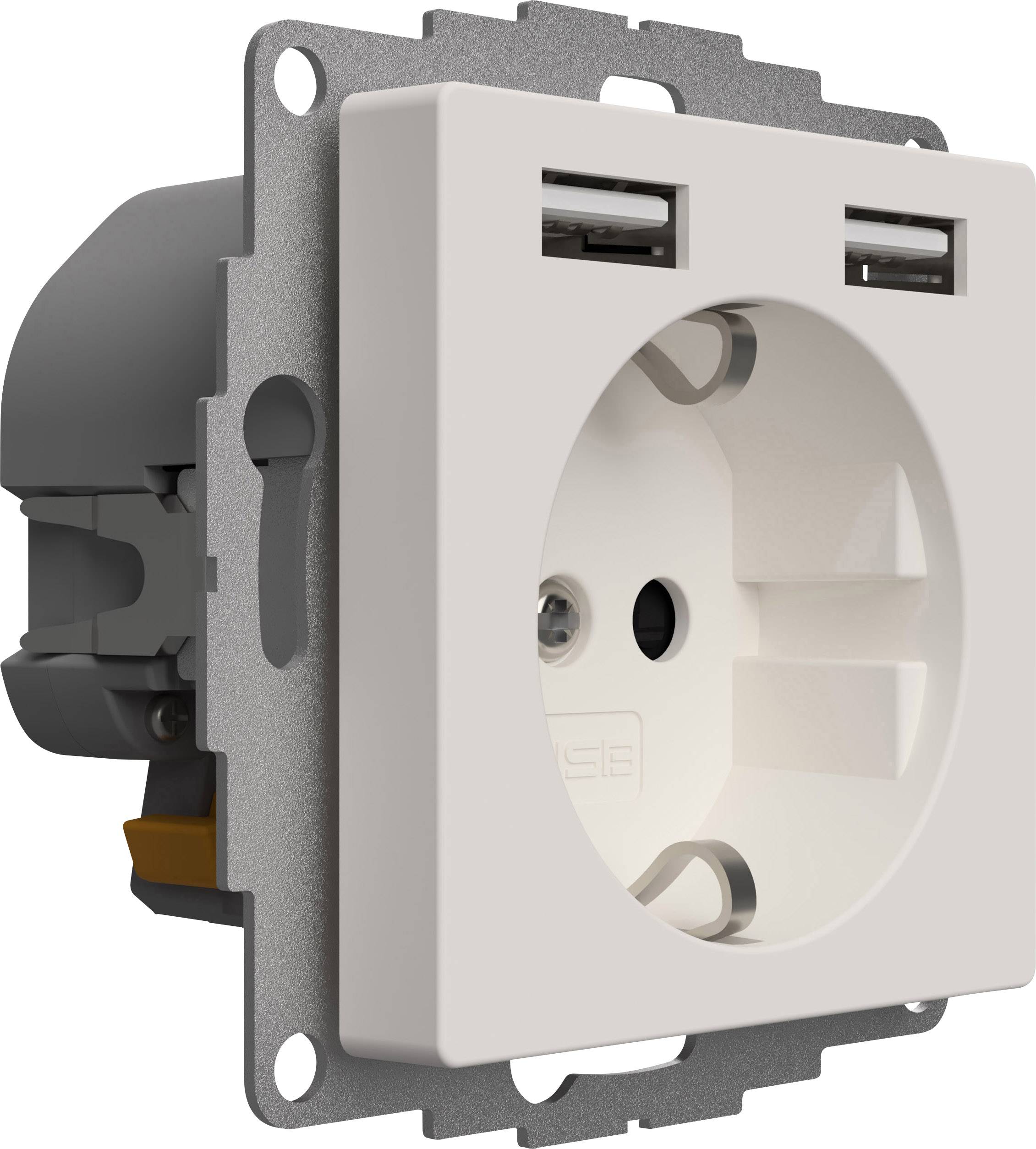White socket with two USB ports on top, suitable for simultaneous power supply and USB charging.