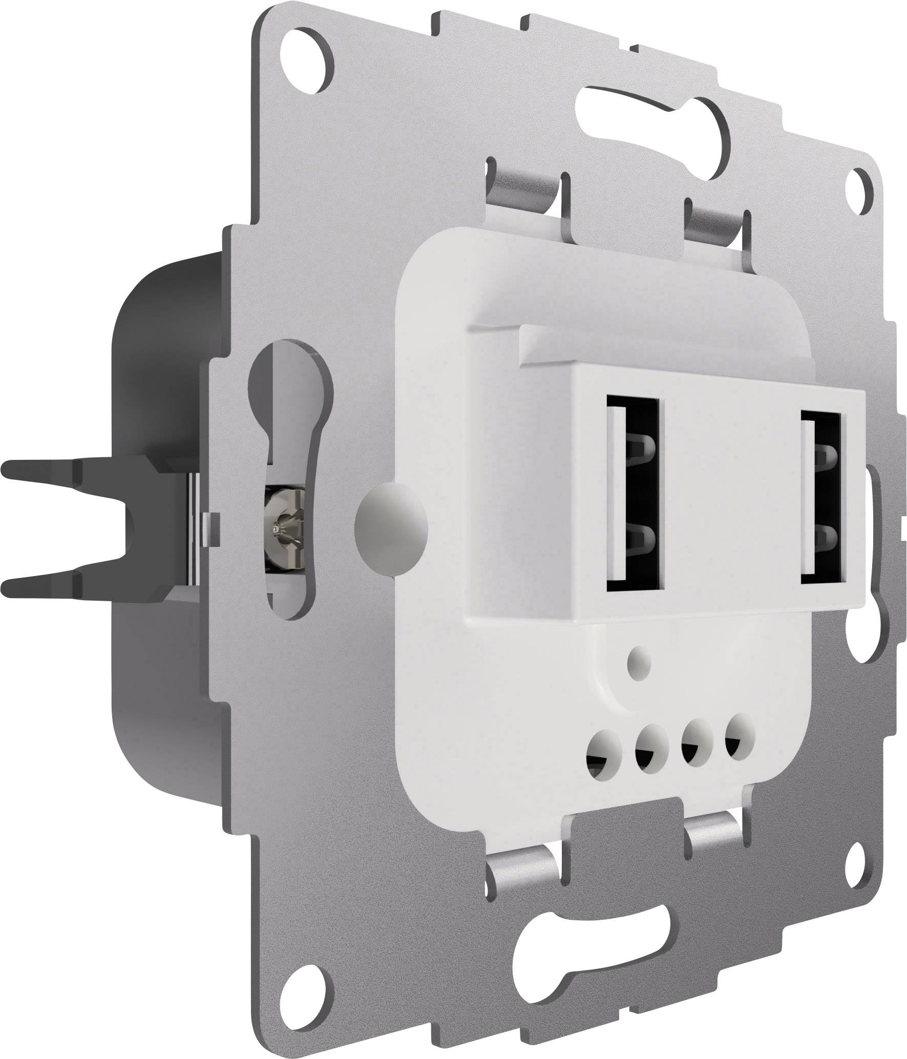 White electrical connector, embedded in a metallic mounting plate, shows two socket positions for cable connections.
