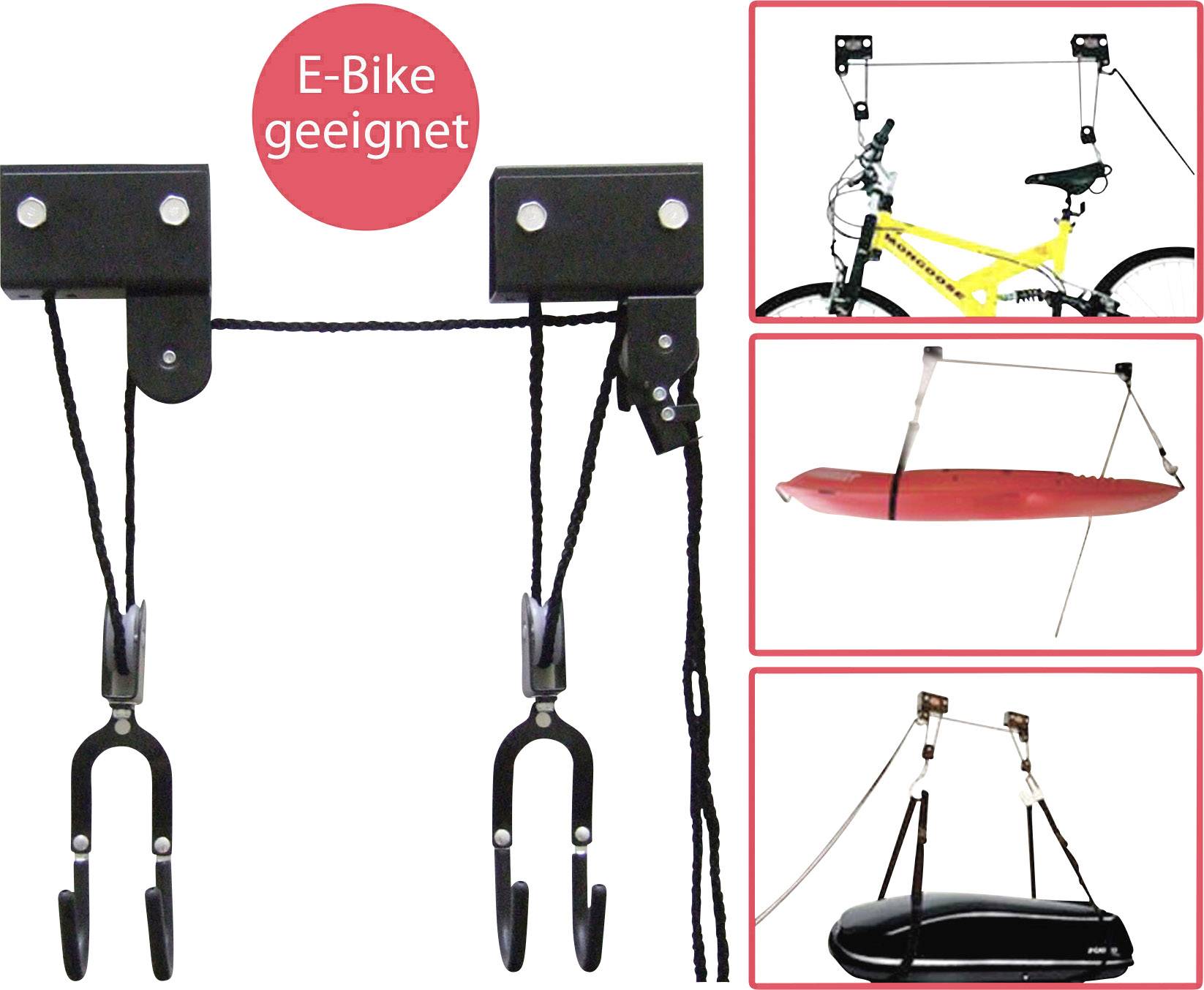 Ceiling Hoist for E-Bikes, displays hooks on ropes for suspending bicycles, kayaks or boxes from the ceiling. Adaptable for various items.