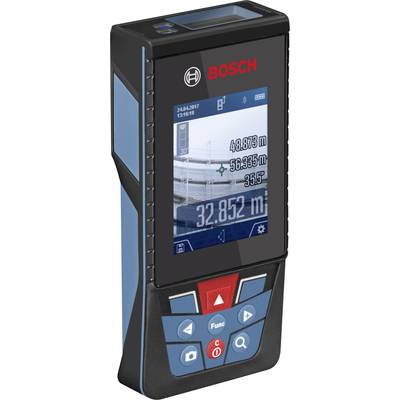 A digital Bosch distance measuring device displays various distance measurements on the screen.