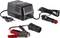 A black battery charger with cable, European plug, cigarette lighter socket, and clips in red and black.