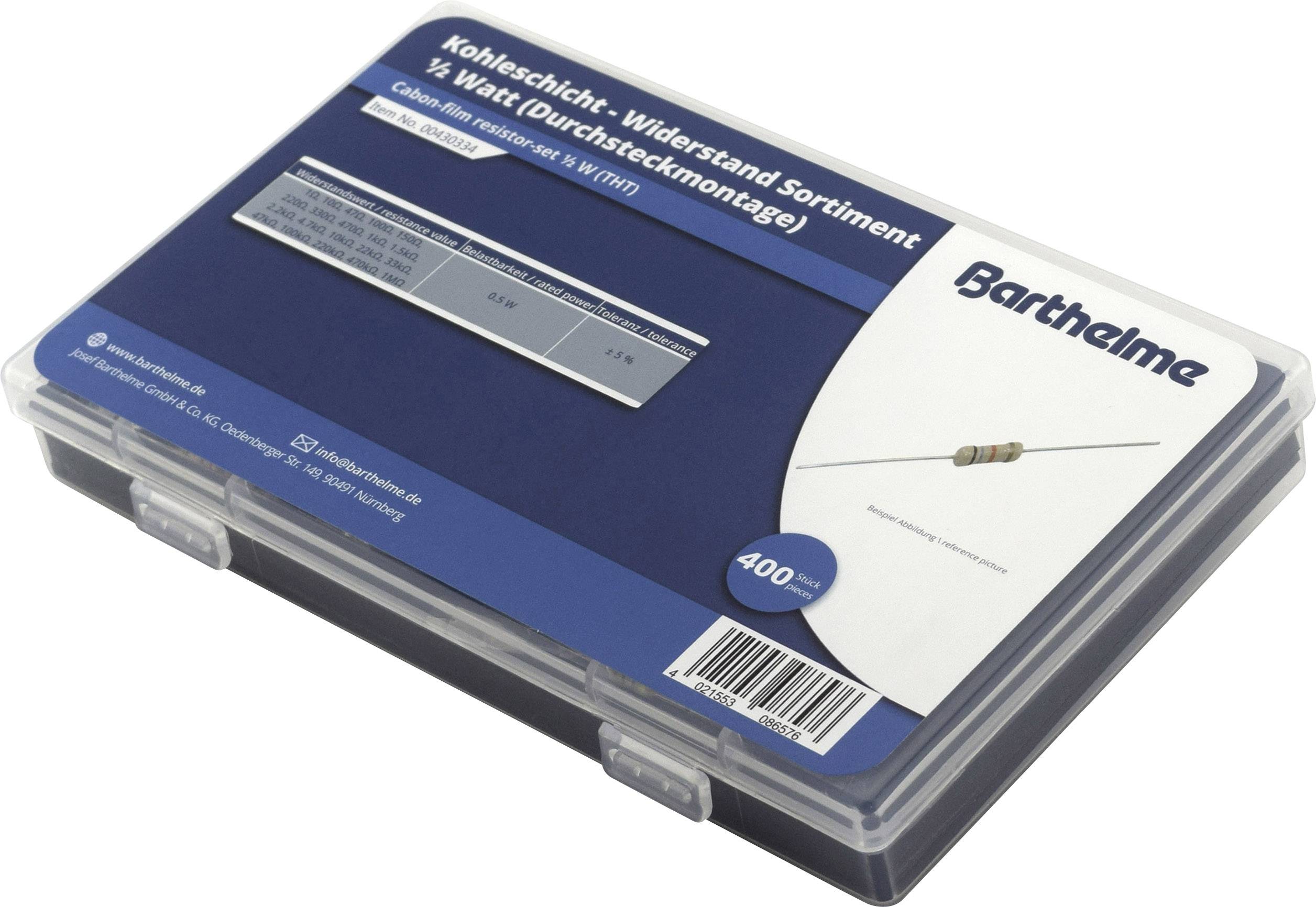 Storage box with carbon film resistors, 1/4 watt. Contains 400 pieces for through-hole mounting, Barthelme brand.