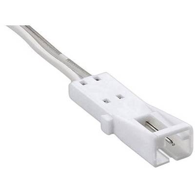 Close-up of a white connector plug with two wires. The plug has a rectangular shape and metal contacts.