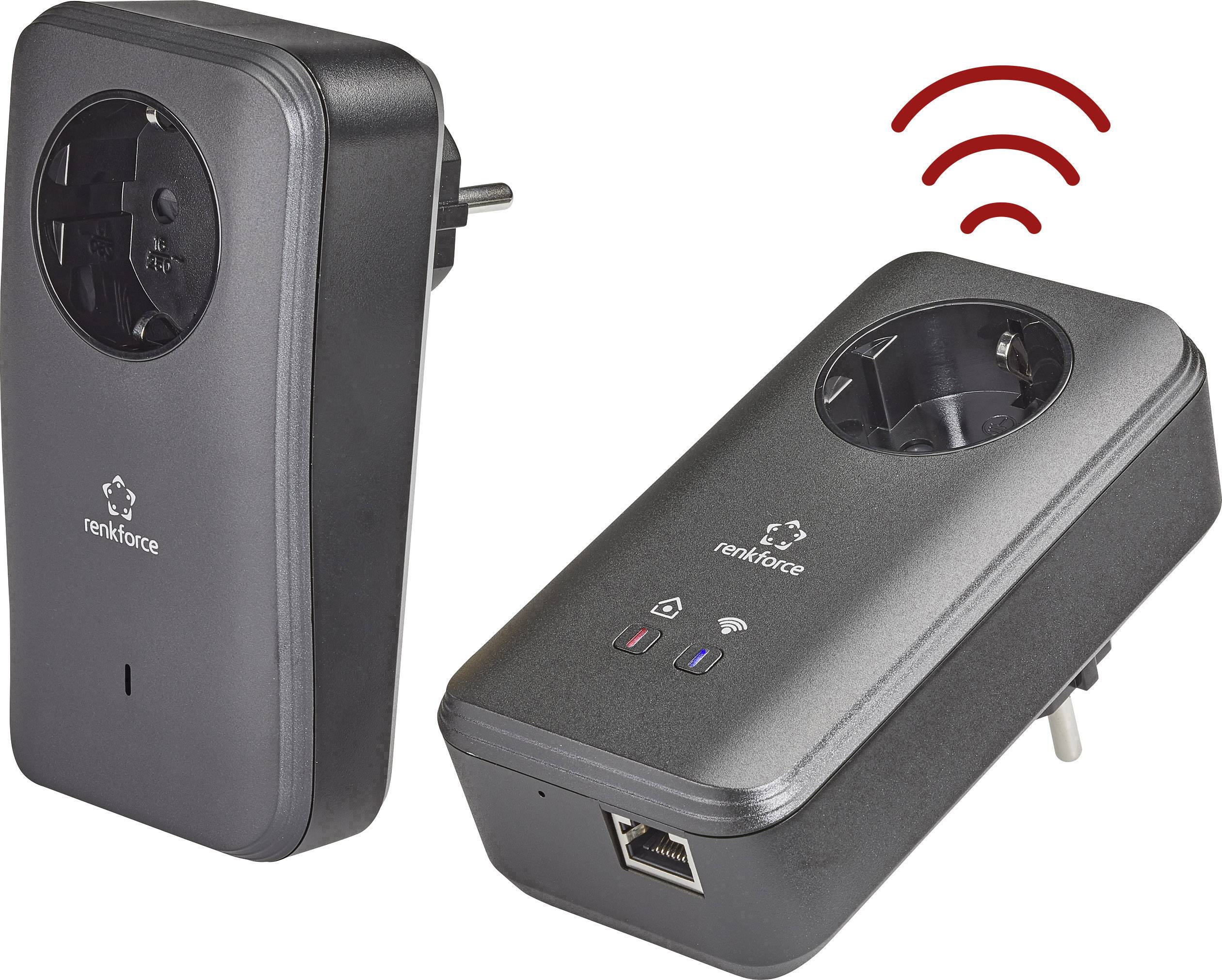 Two powerline adapters, one standing, one lying down. The horizontal adapter shows the Ethernet port and Wi-Fi symbol.
